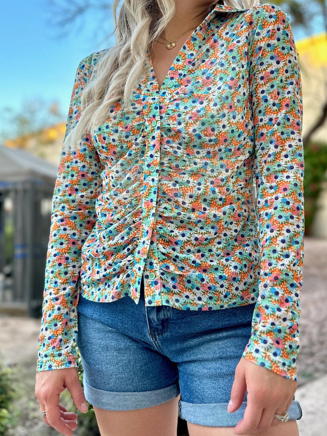 Oopsy Daisy Colorful Mesh Button Top-Women's Shirts & Tops-Shop Z & Joxa