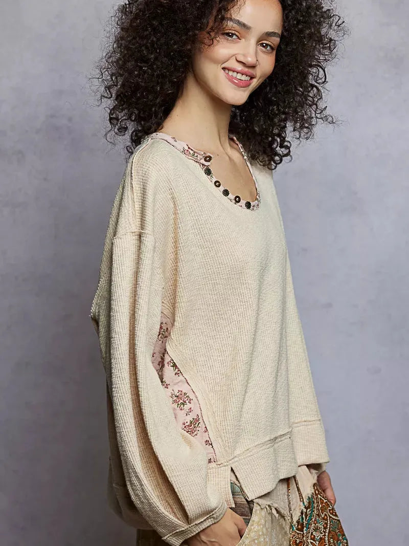 POL Almond Bloom Oversized Sweater Top with Floral Trim-Women's Shirts & Tops-Shop Z & Joxa