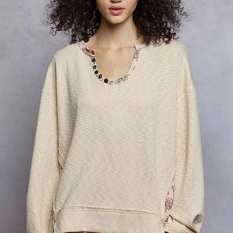 POL Almond Bloom Oversized Sweater Top with Floral Trim-Women's Shirts & Tops-Shop Z & Joxa