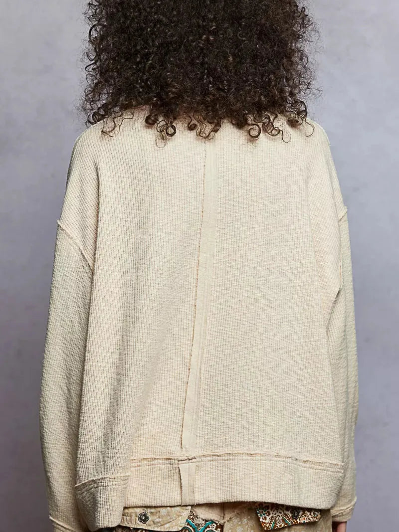 POL Almond Bloom Oversized Sweater Top with Floral Trim-Women's Shirts & Tops-Shop Z & Joxa