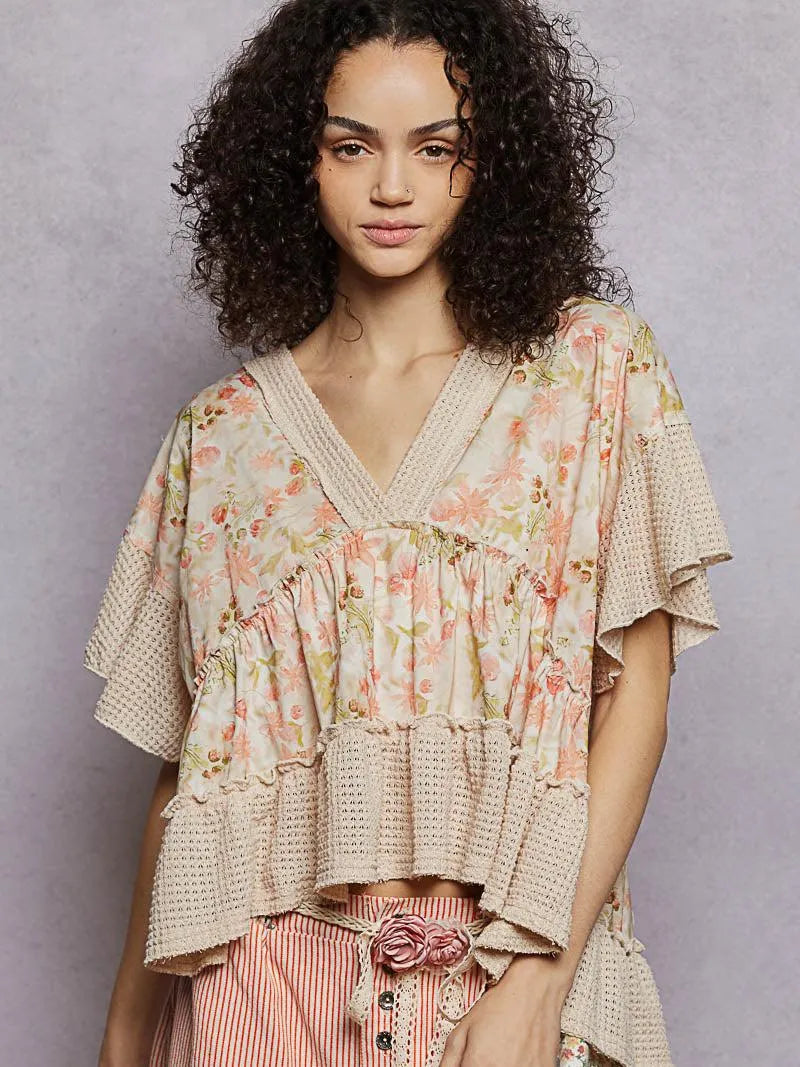 POL Almond Blossom Floral Print Blouse with Gentle Gathers-Women's Shirts & Tops-Shop Z & Joxa