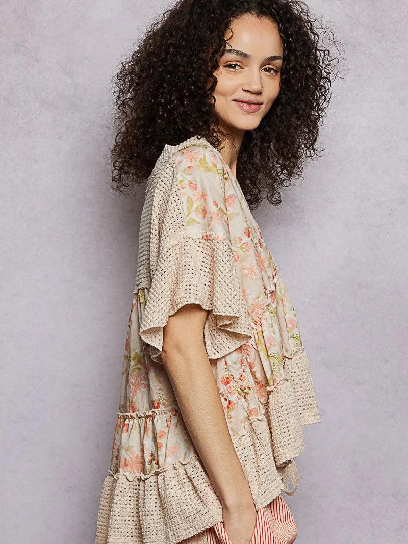 POL Almond Blossom Floral Print Blouse with Gentle Gathers-Women's Shirts & Tops-Shop Z & Joxa