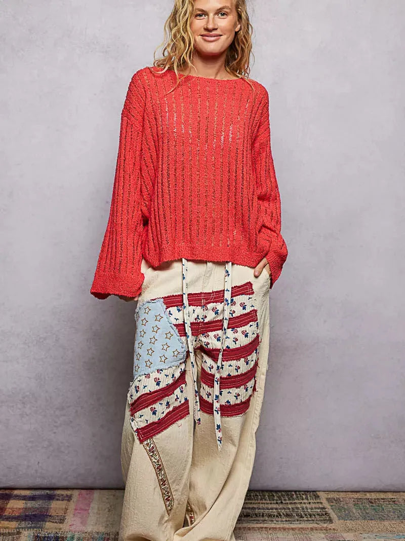 POL Apple Glow Round Neck Long Sleeve Open Weave Sweater-Shirts & Tops-Shop Z & Joxa