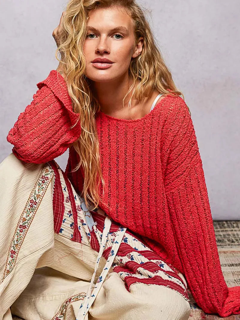 POL Apple Glow Round Neck Long Sleeve Open Weave Sweater-Shirts & Tops-Shop Z & Joxa