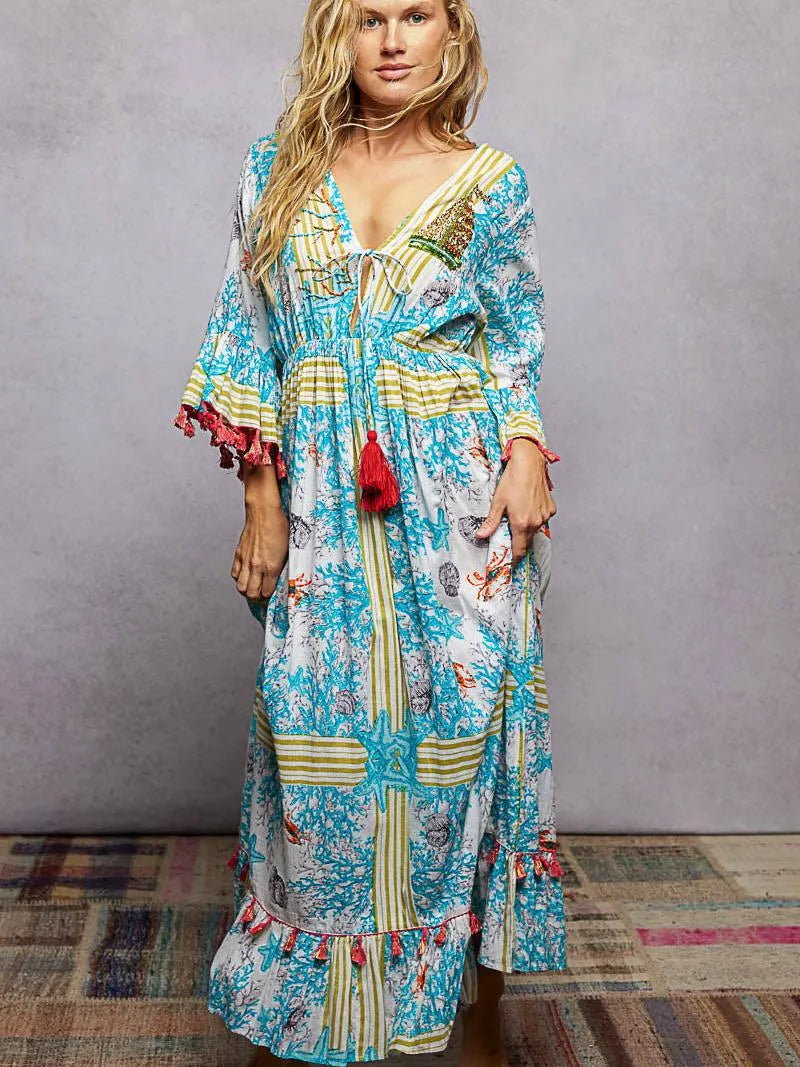 POL Aqua Breeze Bohemian Print Tassel Trim Maxi Dress-Women's Dresses-Shop Z & Joxa