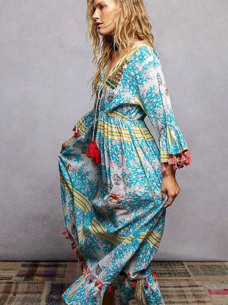 POL Aqua Breeze Bohemian Print Tassel Trim Maxi Dress-Women's Dresses-Shop Z & Joxa