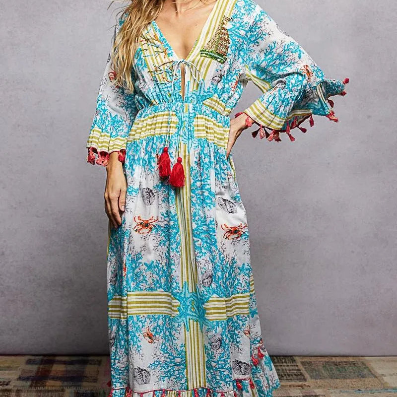 POL Aqua Breeze Bohemian Print Tassel Trim Maxi Dress-Women's Dresses-Shop Z & Joxa