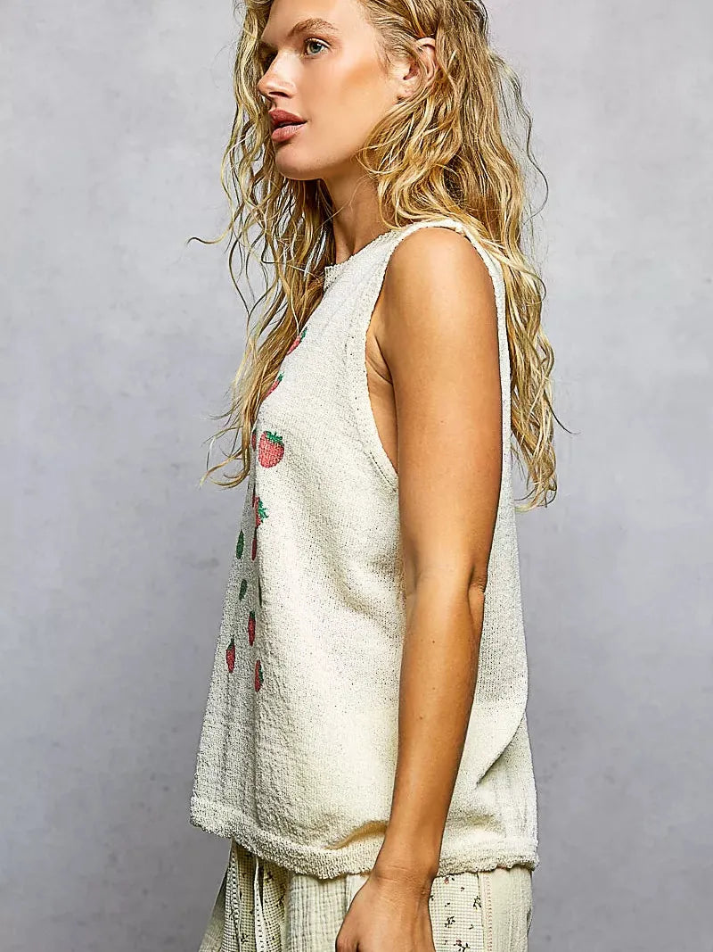 POL BerryDay Strawberry Print Sleeveless Sweater Top-Women's Shirts & Tops-Shop Z & Joxa