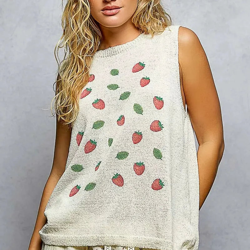 POL BerryDay Strawberry Print Sleeveless Sweater Top-Women's Shirts & Tops-Shop Z & Joxa