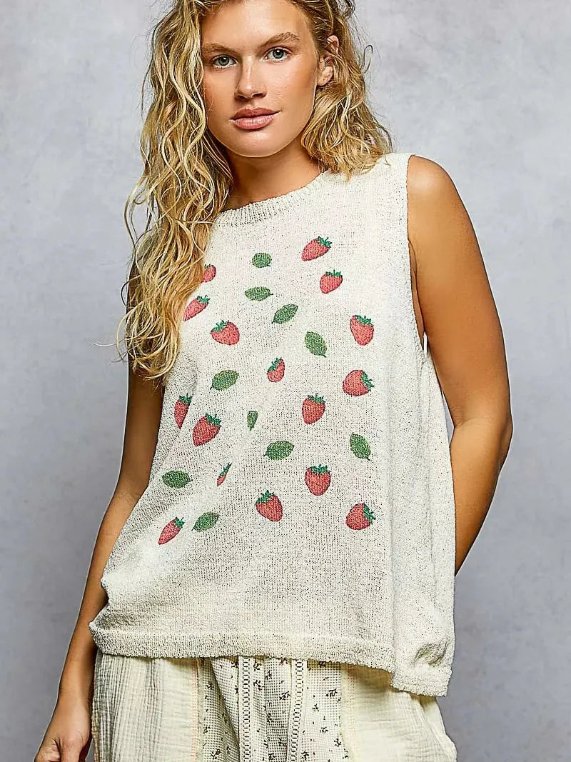 POL BerryDay Strawberry Print Sleeveless Sweater Top-Women's Shirts & Tops-Shop Z & Joxa
