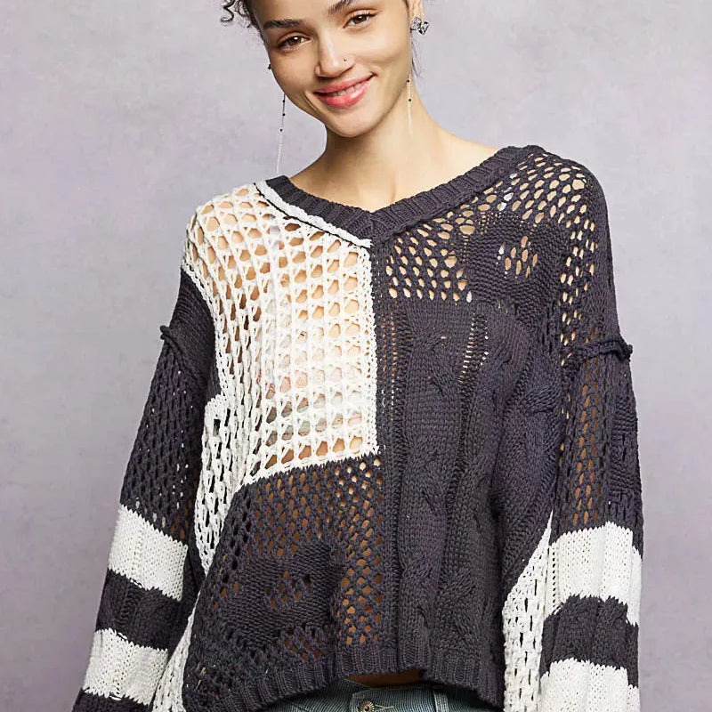 POL Black Mirage Color-Block Striped Twisted Weave Sweater-Women's Shirts & Tops-Shop Z & Joxa