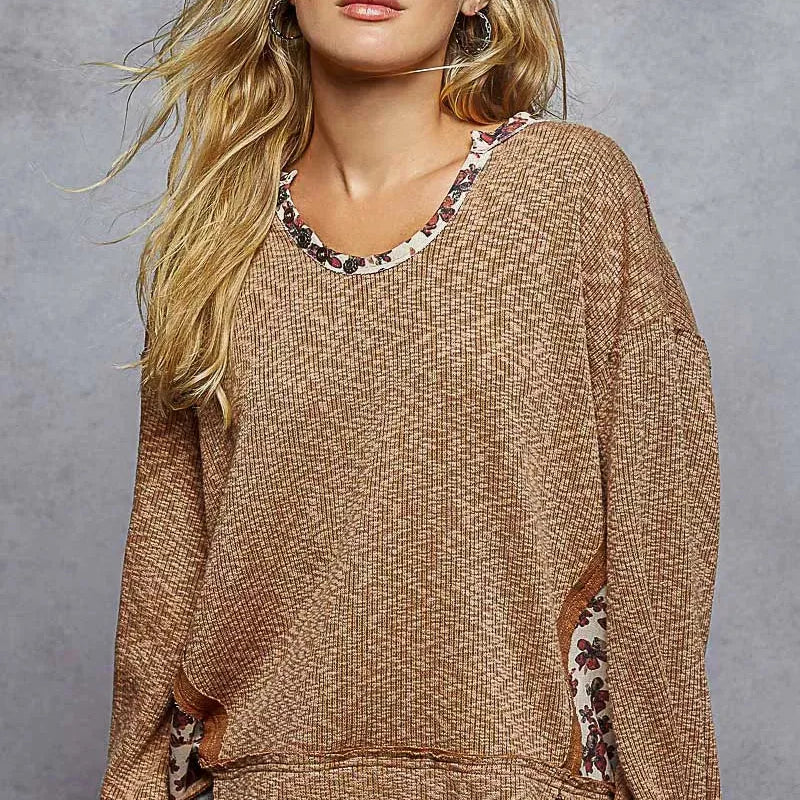 POL Bloom & Brew Oversized Sweater Top with Floral Trim-Women's Shirts & Tops-Shop Z & Joxa