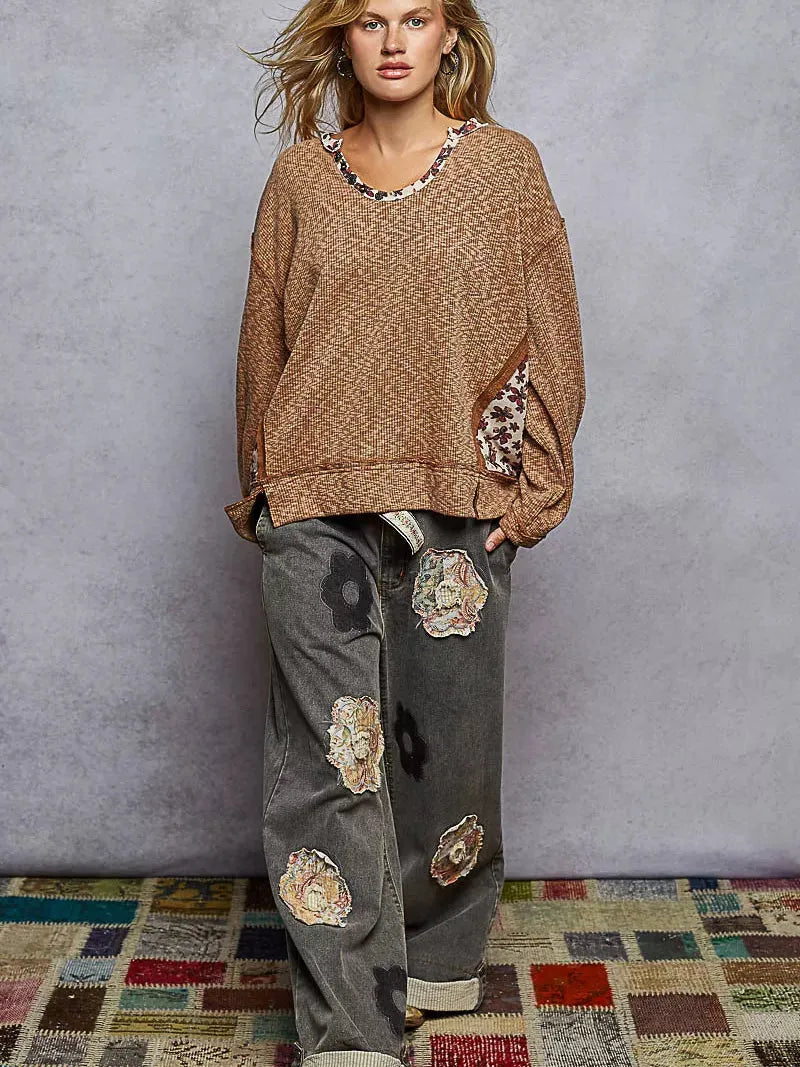 POL Bloom & Brew Oversized Sweater Top with Floral Trim-Women's Shirts & Tops-Shop Z & Joxa