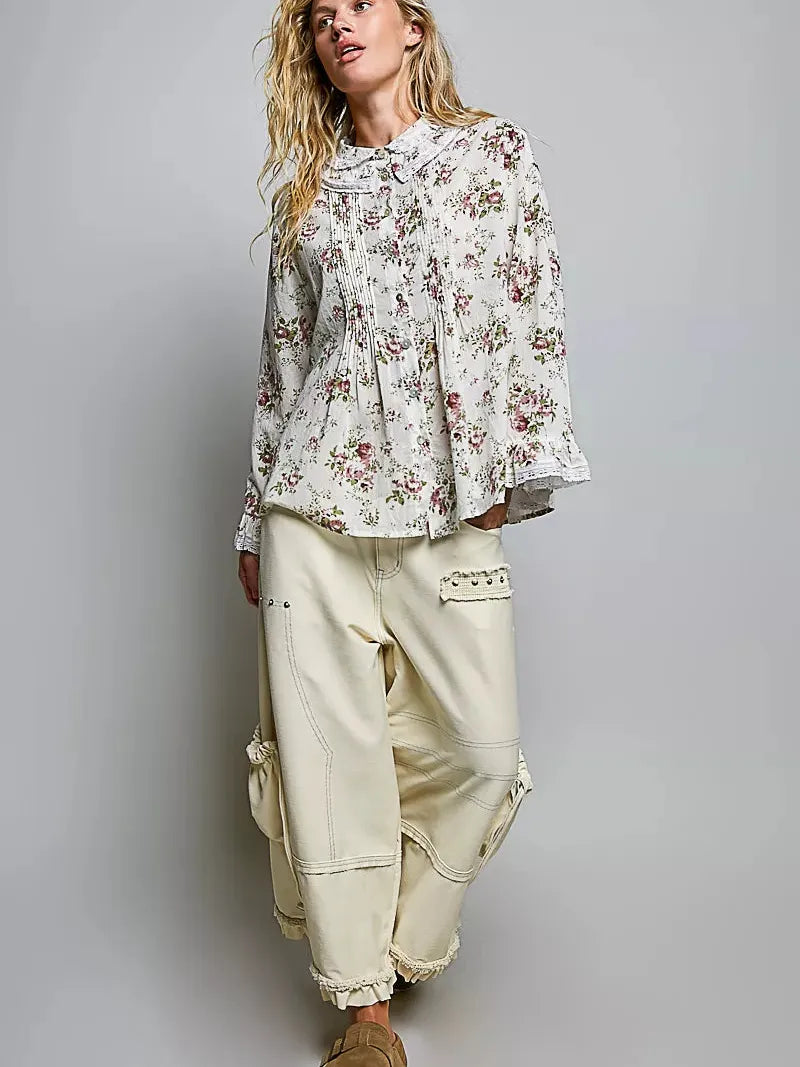 POL Bloom & Grace Floral Lace Trim Pintuck Button-Down Shirt-Women's Shirts & Tops-Shop Z & Joxa