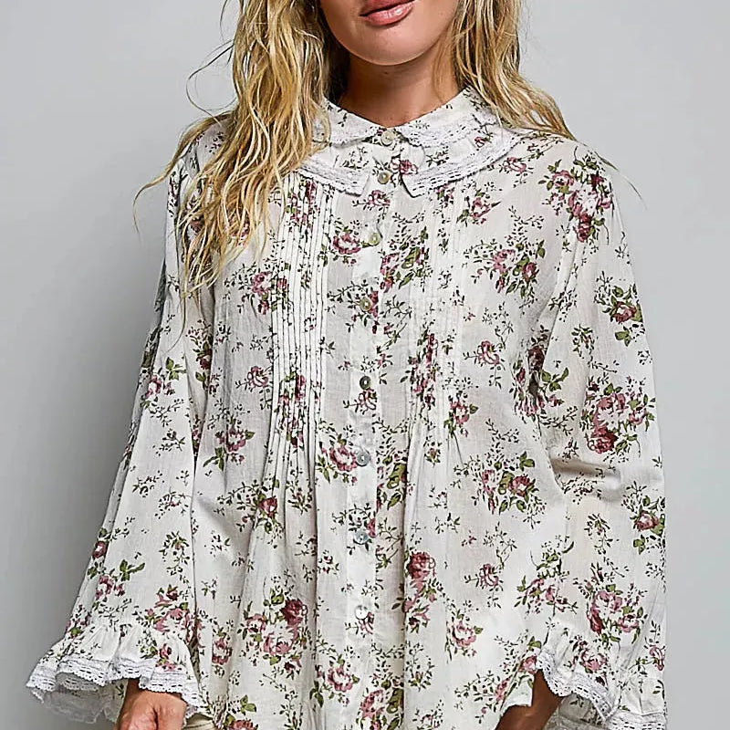POL Bloom & Grace Floral Lace Trim Pintuck Button-Down Shirt-Women's Shirts & Tops-Shop Z & Joxa
