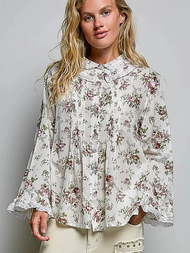 POL Bloom & Grace Floral Lace Trim Pintuck Button-Down Shirt-Women's Shirts & Tops-Shop Z & Joxa