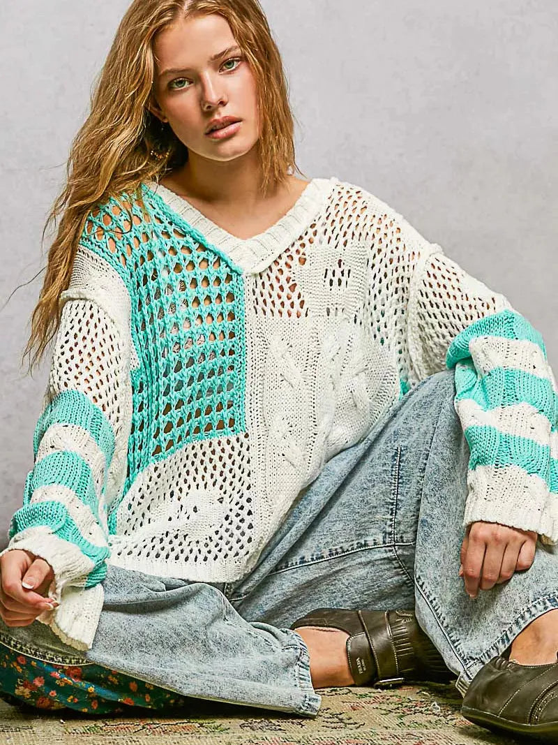 POL Blue Mirage Color-Block Striped Twisted Weave Sweater-Women's Shirts & Tops-Shop Z & Joxa