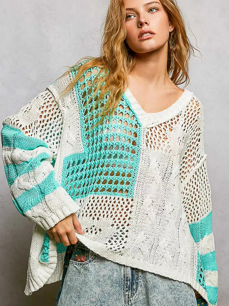 POL Blue Mirage Color-Block Striped Twisted Weave Sweater-Women's Shirts & Tops-Shop Z & Joxa