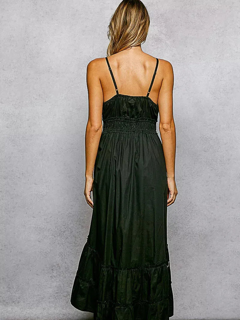 POL Boheme Night Embroidered Tassel Tie Tiered Cami Dress in Black-Women's Dresses-Shop Z & Joxa