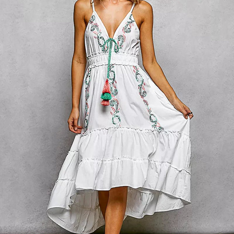POL Boheme Night Embroidered Tassel Tie Tiered Cami Dress in Ivory-Women's Dresses-Shop Z & Joxa