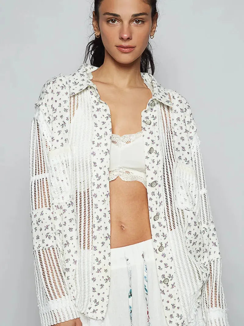 POL Boho Breeze Crochet Patchwork Long Sleeve Shirt-Women's Shirts & Tops-Shop Z & Joxa