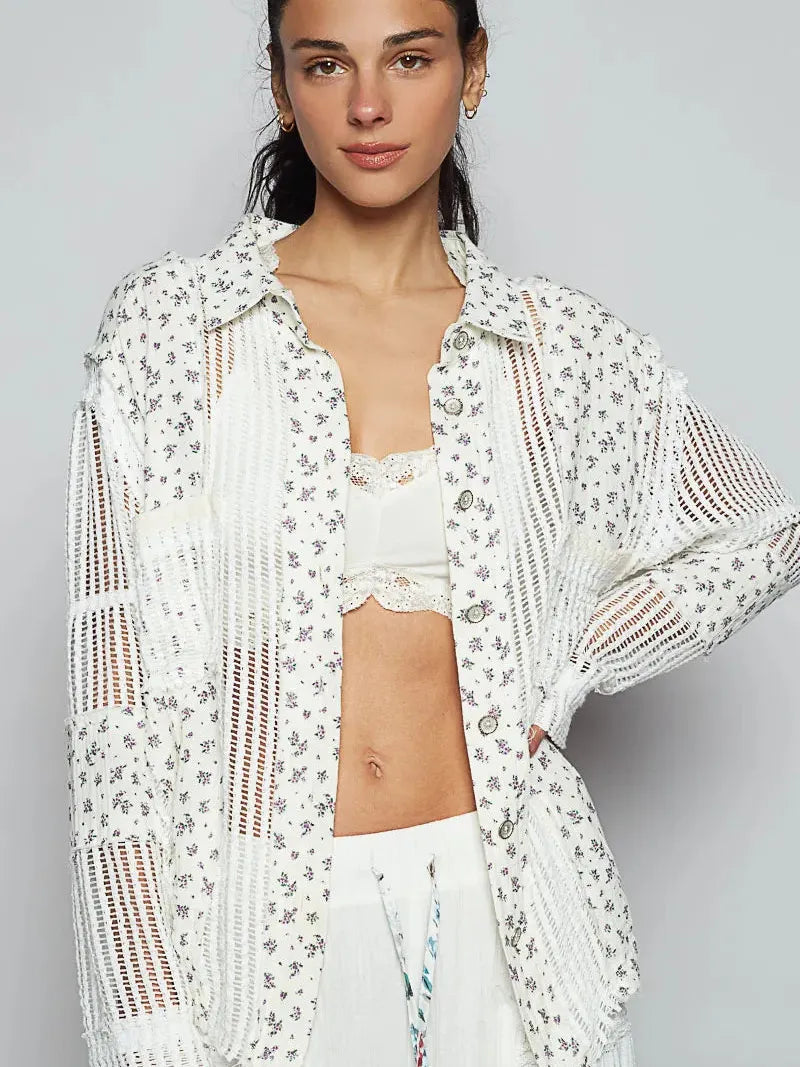 POL Boho Breeze Crochet Patchwork Long Sleeve Shirt-Women's Shirts & Tops-Shop Z & Joxa