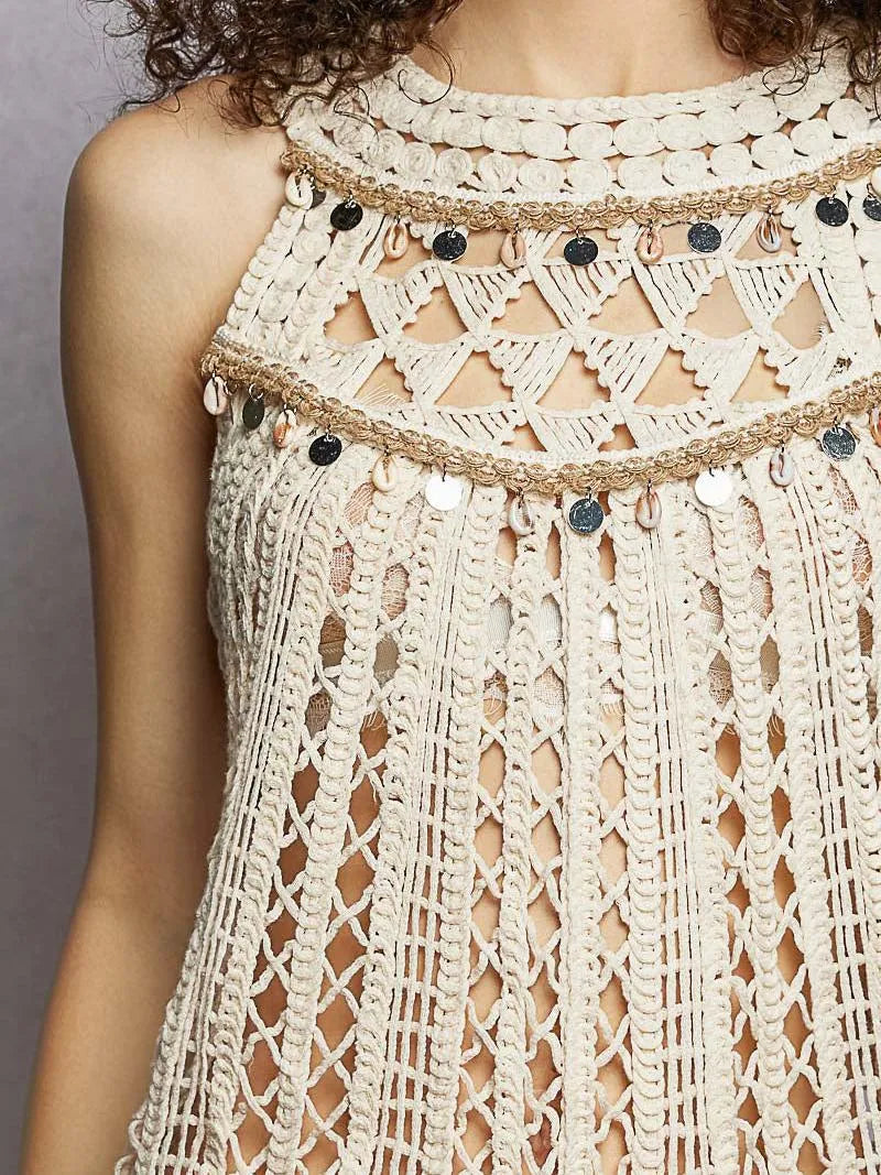 POL Boho Coin Crochet Halter Top with Seashell & Mirror Dangles-Women's Shirts & Tops-Shop Z & Joxa