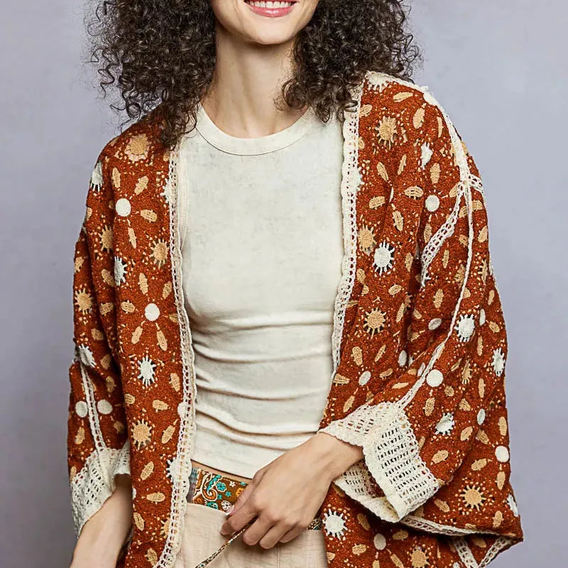 POL Cocoa Bloom Open Front Floral Pattern Crochet Cardigan-Women's Shirts & Tops-Shop Z & Joxa