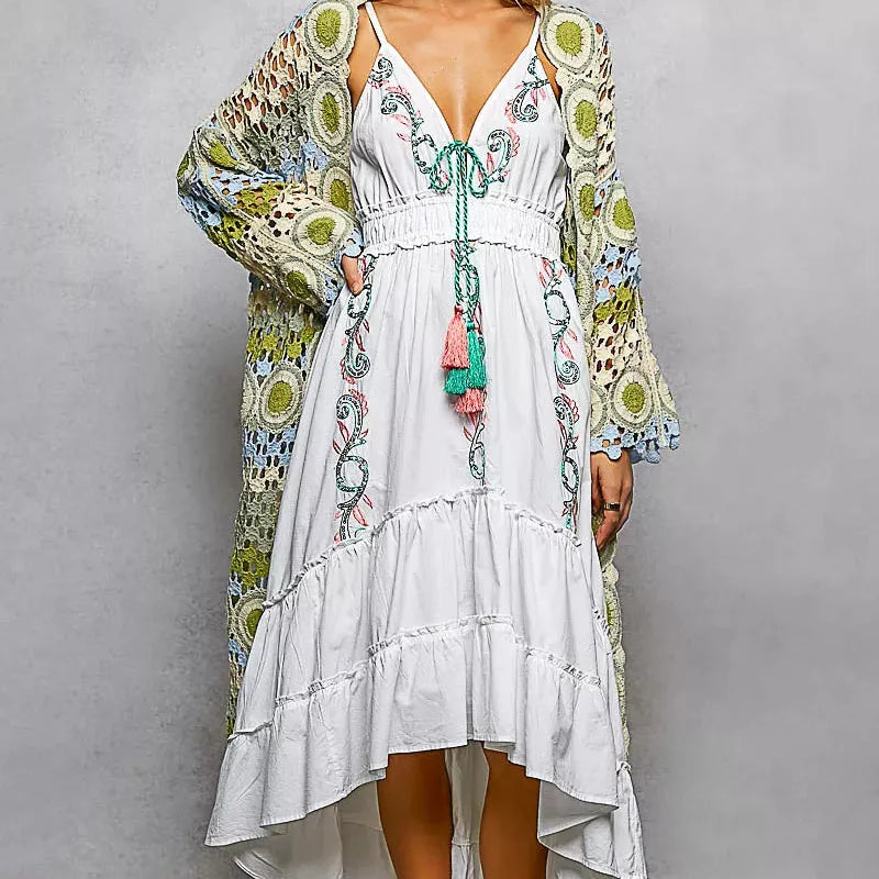 POL Color your Story Open Front Crochet Long Cardigan in Sage-Women's Shirts & Tops-Shop Z & Joxa