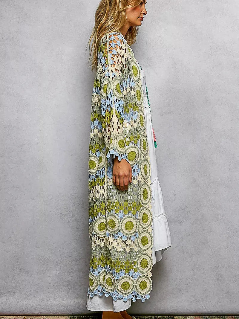 POL Color your Story Open Front Crochet Long Cardigan in Sage-Women's Shirts & Tops-Shop Z & Joxa
