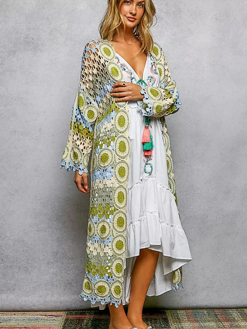 POL Color your Story Open Front Crochet Long Cardigan in Sage-Women's Shirts & Tops-Shop Z & Joxa