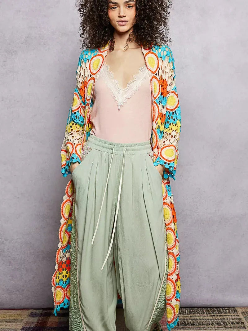 POL Color your Story Open Front Crochet Long Cardigan in Sunset-Women's Shirts & Tops-Shop Z & Joxa