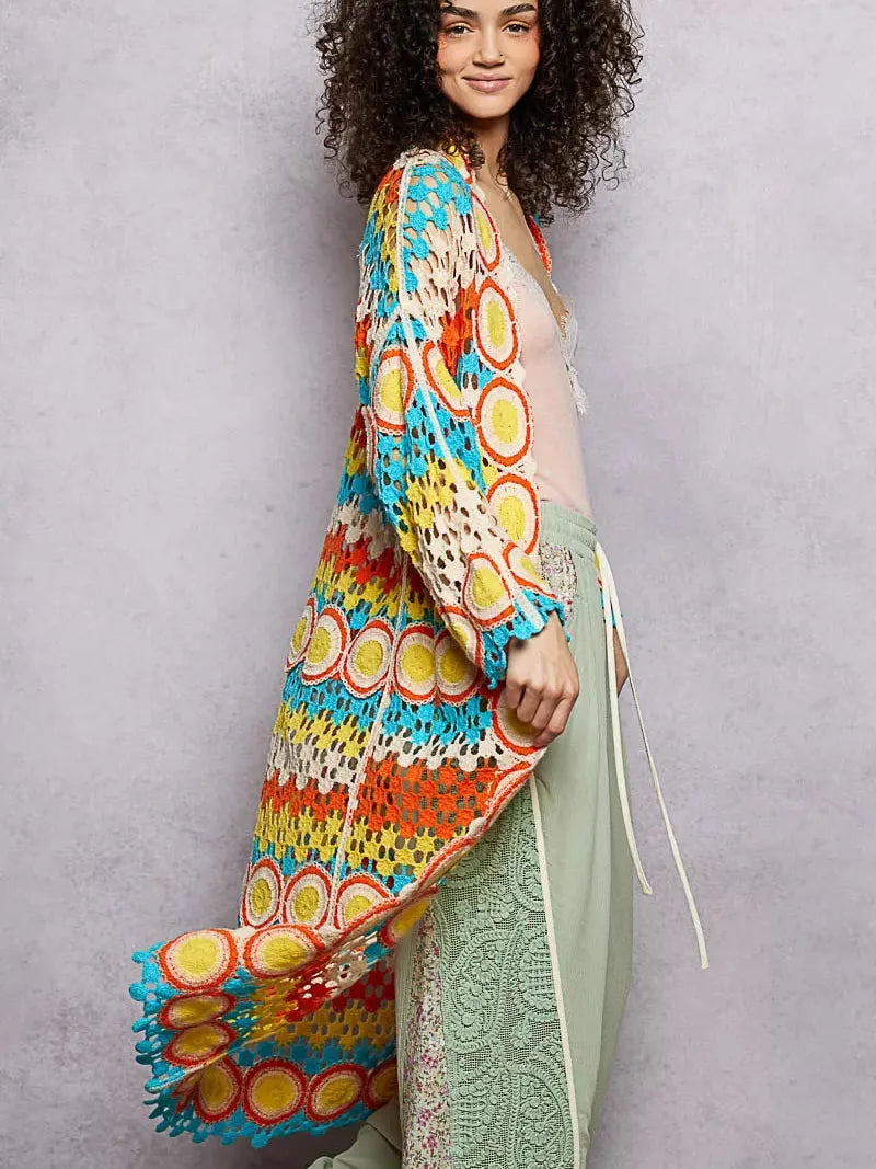 POL Color your Story Open Front Crochet Long Cardigan in Sunset-Women's Shirts & Tops-Shop Z & Joxa