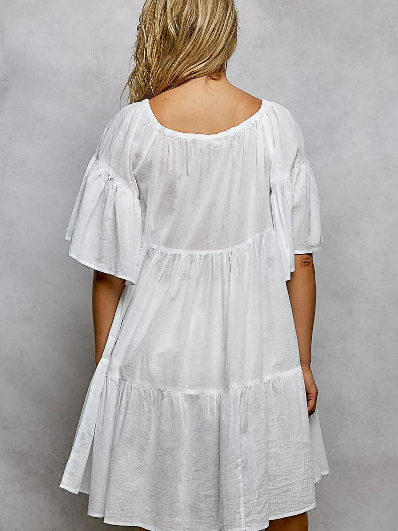 POL Cotton Charm Tassel Embroidery Half Flared Sleeve Mini Dress-Women's Dresses-Shop Z & Joxa