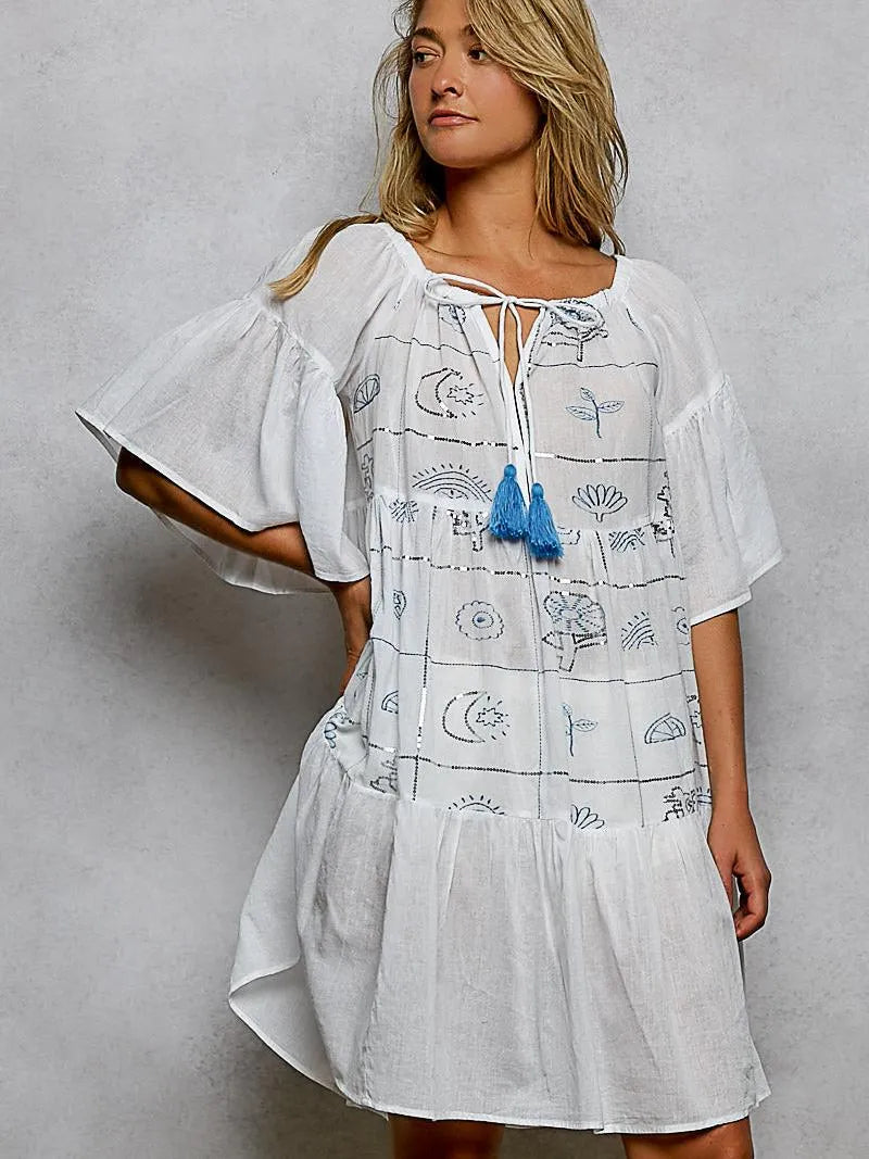 POL Cotton Charm Tassel Embroidery Half Flared Sleeve Mini Dress-Women's Dresses-Shop Z & Joxa