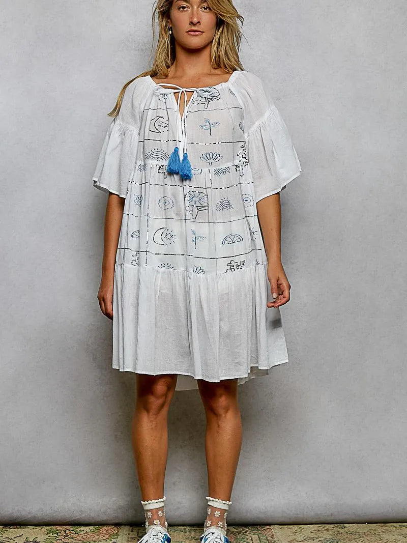 POL Cotton Charm Tassel Embroidery Half Flared Sleeve Mini Dress-Women's Dresses-Shop Z & Joxa