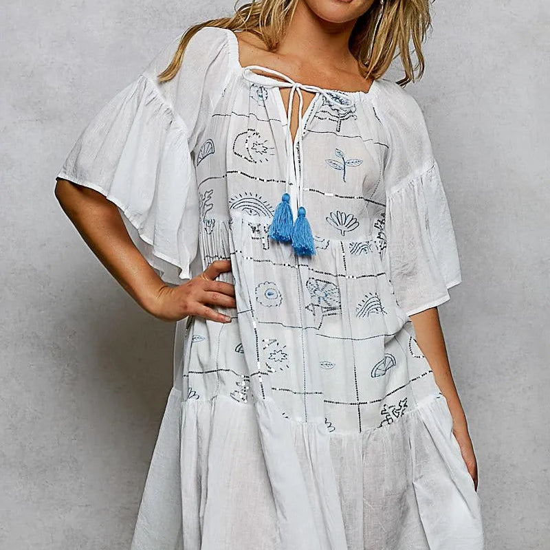 POL Cotton Charm Tassel Embroidery Half Flared Sleeve Mini Dress-Women's Dresses-Shop Z & Joxa