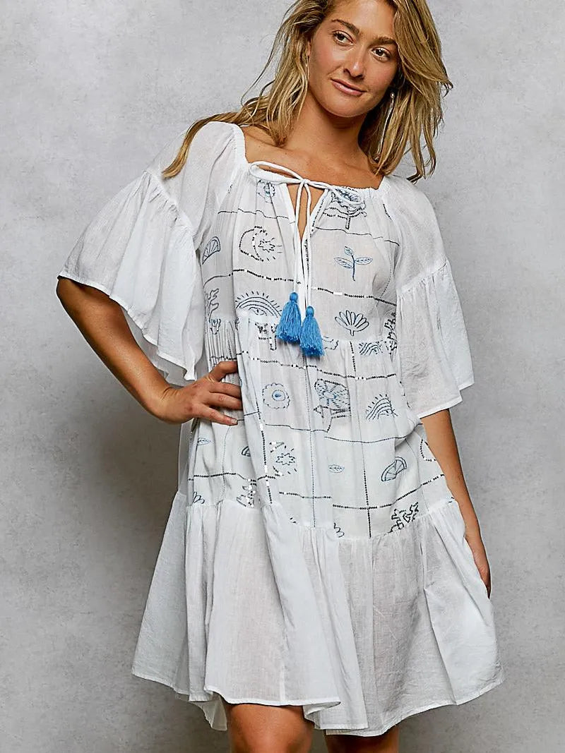 POL Cotton Charm Tassel Embroidery Half Flared Sleeve Mini Dress-Women's Dresses-Shop Z & Joxa