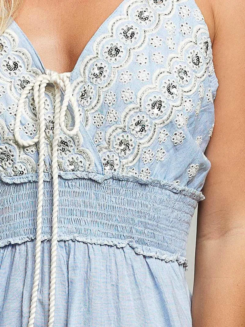 POL Denim Daydream Eyelet Embroidered Smocked Waist Mini Dress-Women's Dresses-Shop Z & Joxa
