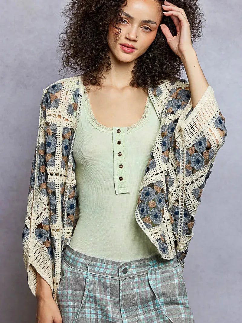 POL Edge of Ease Dolman Open Front Floral Crochet Cardigan-Women's Shirts & Tops-Shop Z & Joxa