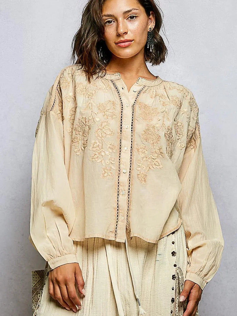 POL Embroidery Button Down Long Sleeve Washed Shirt in Almond-Women's Shirts & Tops-Shop Z & Joxa