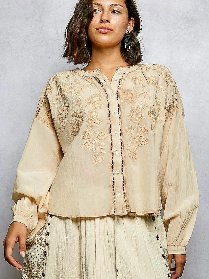 POL Embroidery Button Down Long Sleeve Washed Shirt in Almond-Women's Shirts & Tops-Shop Z & Joxa