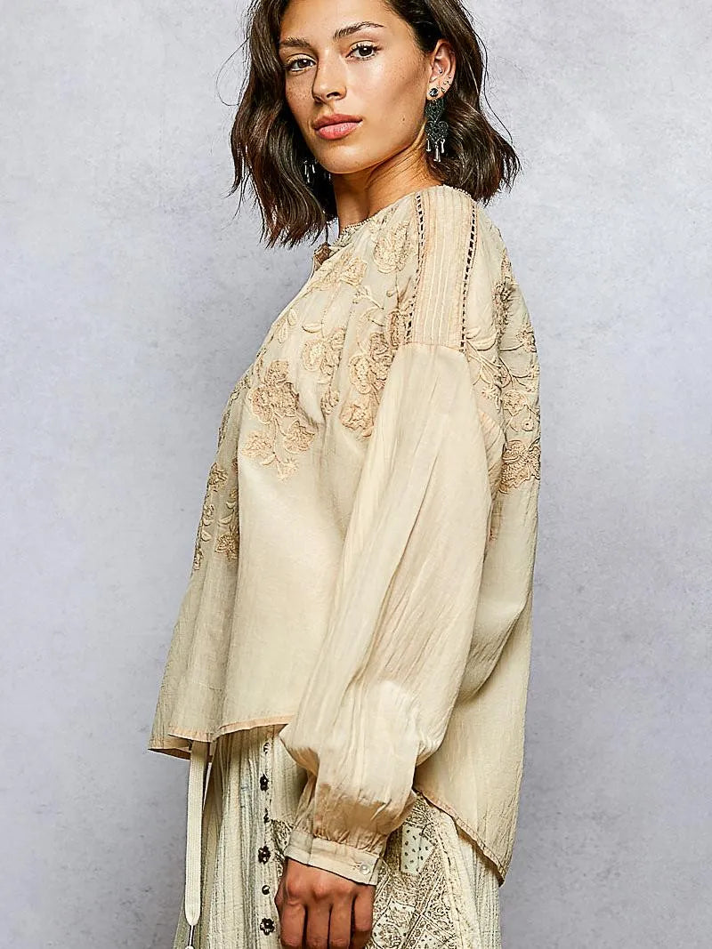 POL Embroidery Button Down Long Sleeve Washed Shirt in Almond-Women's Shirts & Tops-Shop Z & Joxa