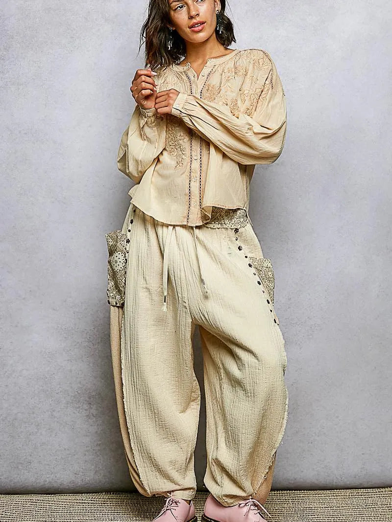 POL Embroidery Button Down Long Sleeve Washed Shirt in Almond-Women's Shirts & Tops-Shop Z & Joxa