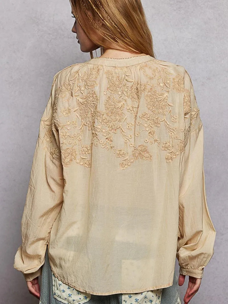 POL Embroidery Button Down Long Sleeve Washed Shirt in Almond-Women's Shirts & Tops-Shop Z & Joxa