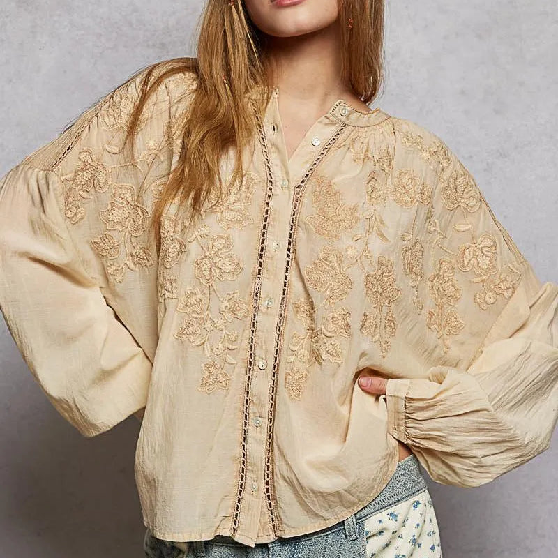 POL Embroidery Button Down Long Sleeve Washed Shirt in Almond-Women's Shirts & Tops-Shop Z & Joxa