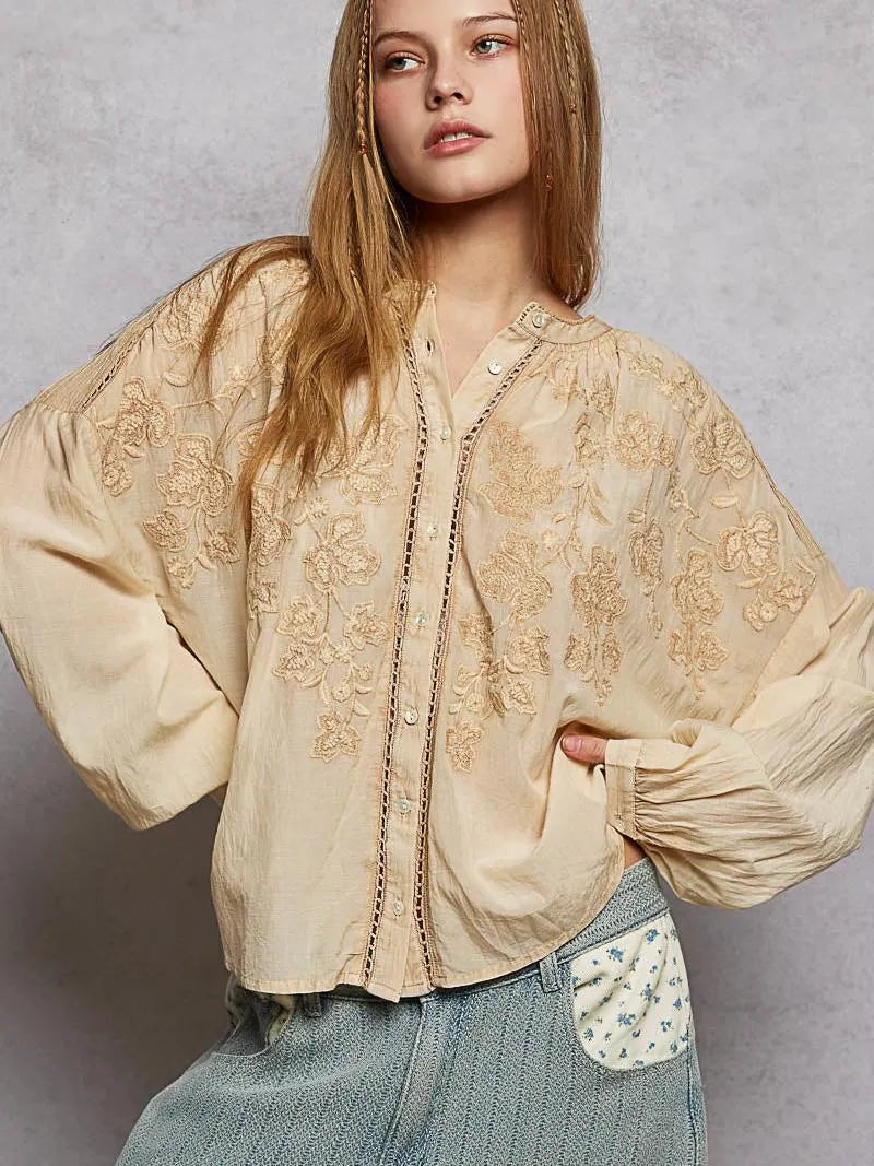 POL Embroidery Button Down Long Sleeve Washed Shirt in Almond-Women's Shirts & Tops-Shop Z & Joxa