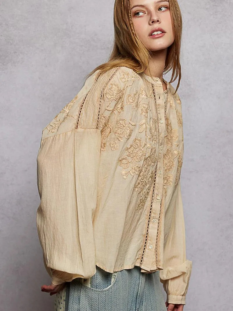 POL Embroidery Button Down Long Sleeve Washed Shirt in Almond-Women's Shirts & Tops-Shop Z & Joxa