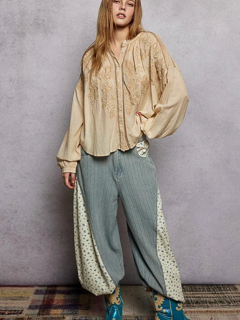 POL Embroidery Button Down Long Sleeve Washed Shirt in Almond-Women's Shirts & Tops-Shop Z & Joxa