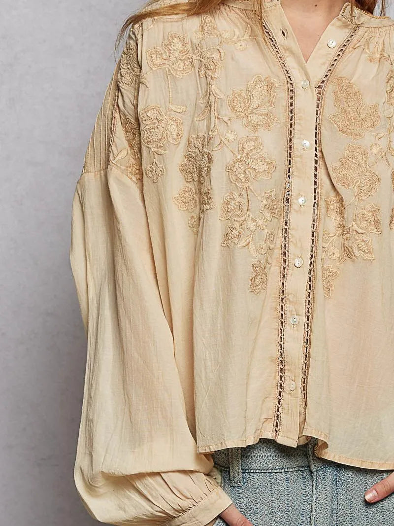 POL Embroidery Button Down Long Sleeve Washed Shirt in Almond-Women's Shirts & Tops-Shop Z & Joxa